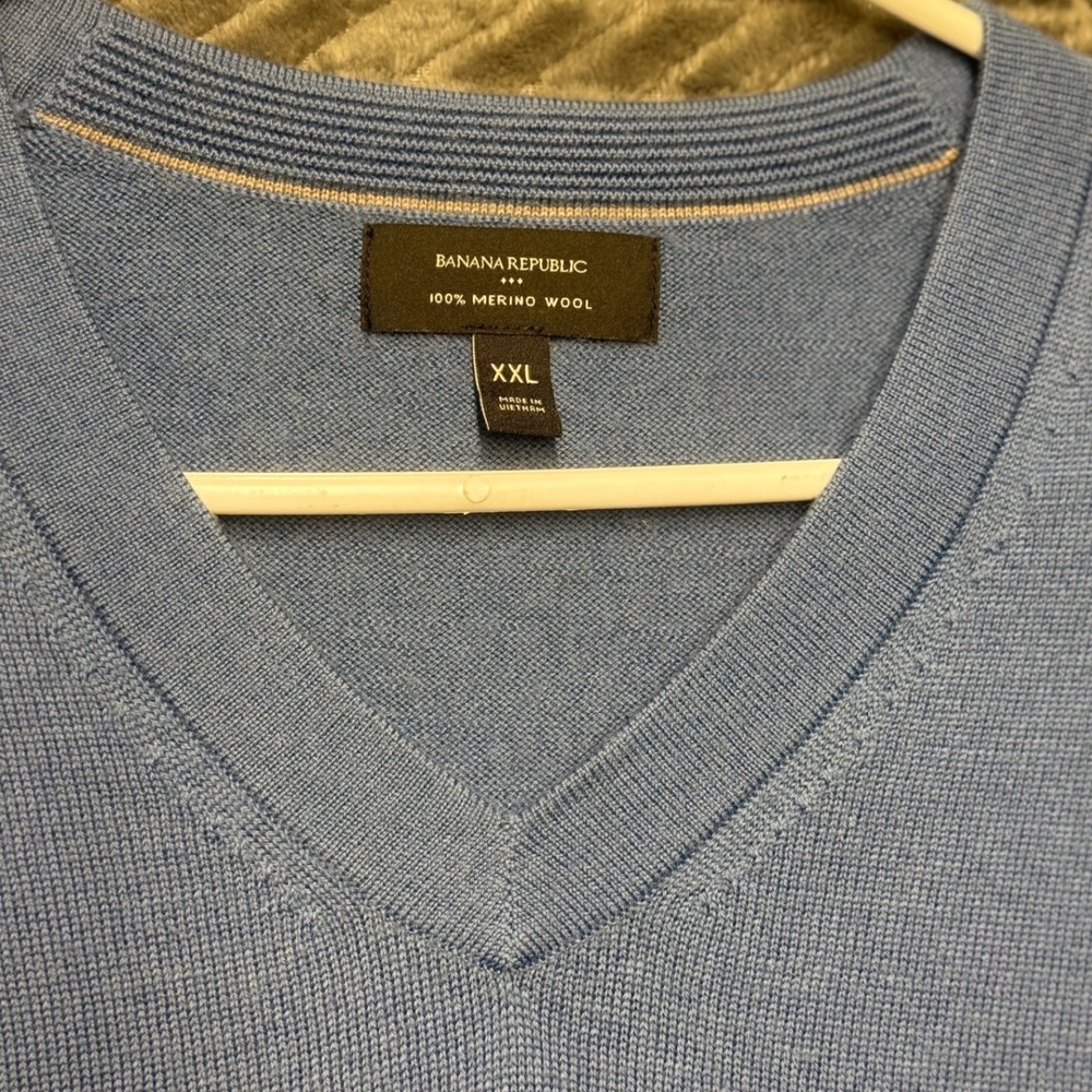 Banana Republic Mens XXL Blue 100% Merino Wool V-Neck Lightweight Sweater (1513)